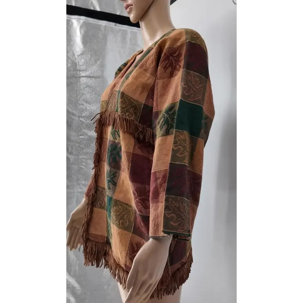 Vintage Boho Patchwork‎ Fringe Jacket Brown Green Burgundy Suede Style L
